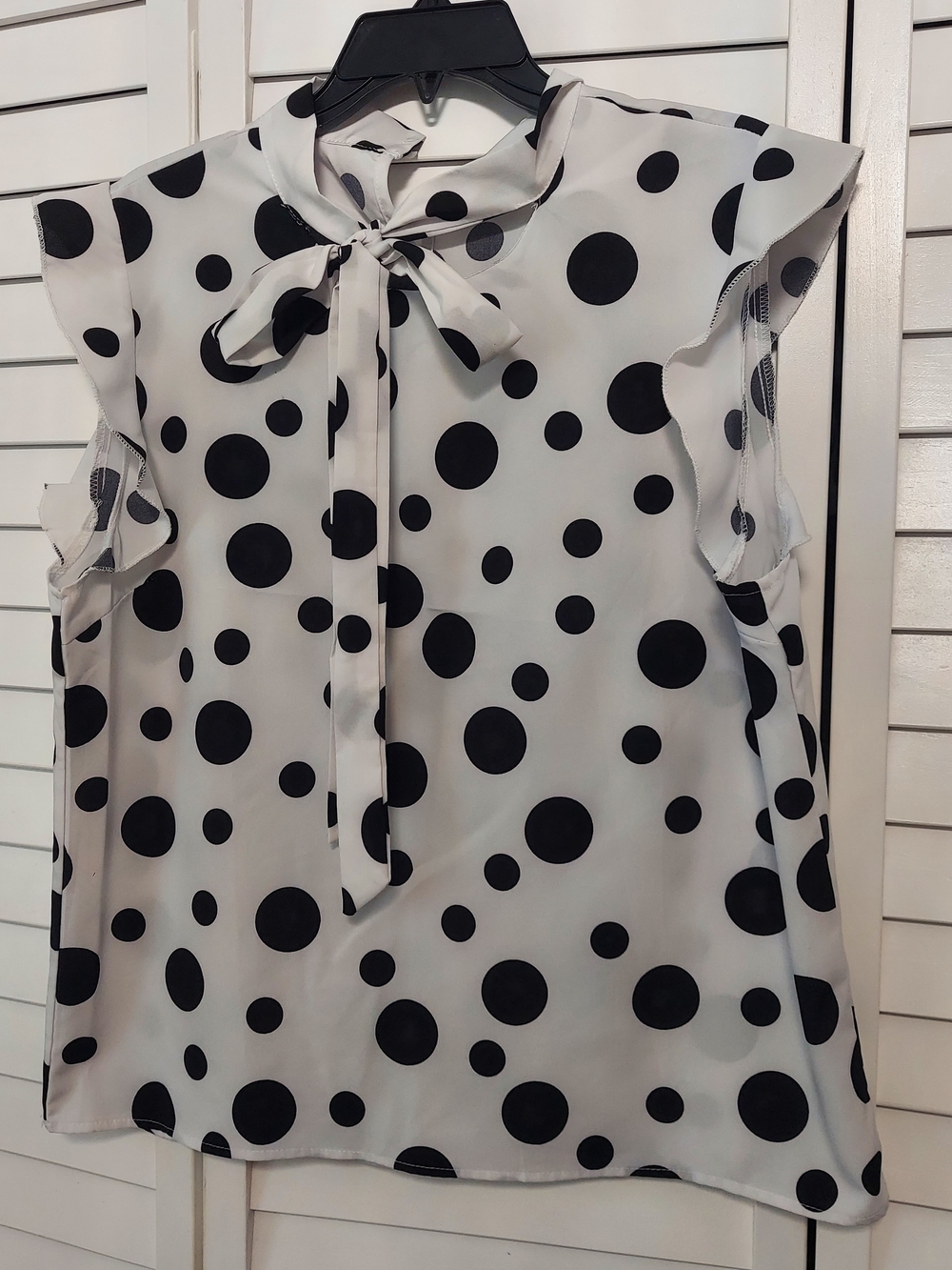 SHEIN White and Black Polka Dot Tie-Neck Ruffle Sleeve Blouse